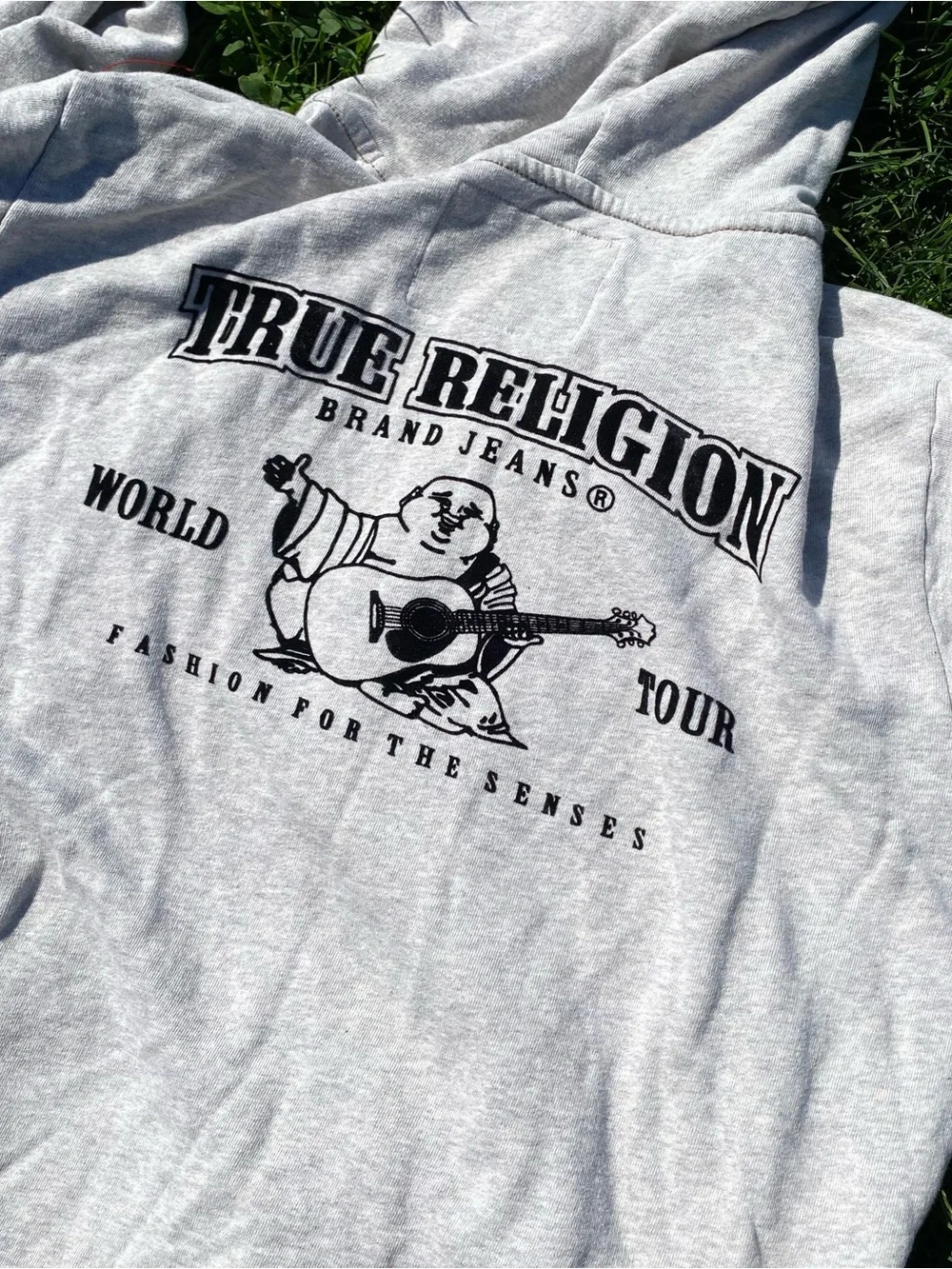 True Religion Light Gray Zip Hoodie with Black Logo Patch
